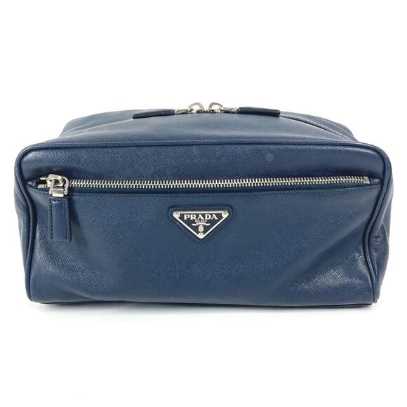 PRADA triangle logo triangle logo plate Clutch bag saffiano leather Navy - Picture 1 of 16